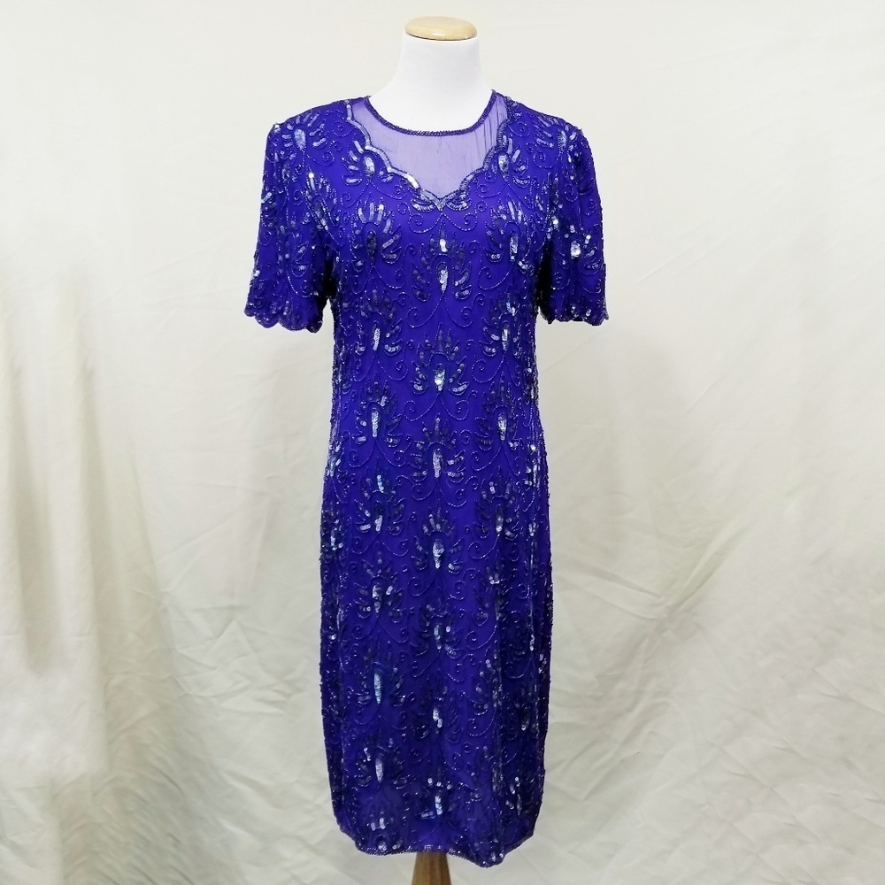 Vintage Stenay sequin dress royal blue keyhole 8